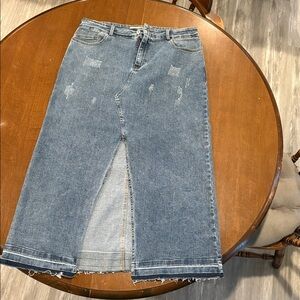 Classic Blue Denim Midi Skirt with Front Slit